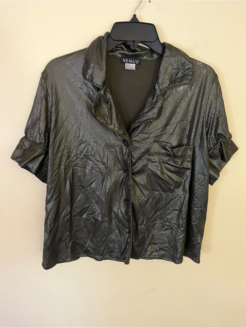 VENUS Olive Shimmery Reptile Texture Style Short Sleeve Button-Down Top Size S